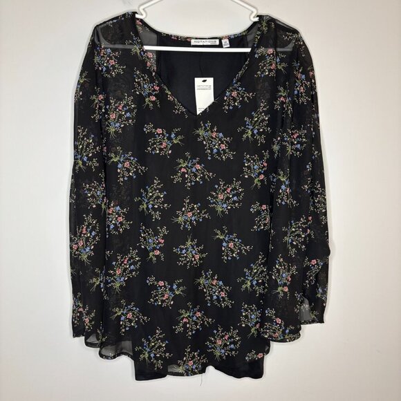 NOTATIONS NEW V-Neck Blouse Womens 2X Sheer Lined Black Floral Stretch Poncho - Picture 6 of 8